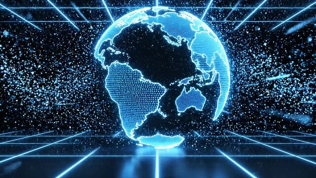 Global network data flow in futuristic digital cyberspace with rotating earth