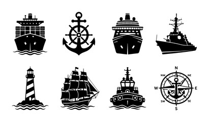 Nautical Icons Set: Ships, Anchor, Compass, Lighthouse Vector Graphics for Maritime Themes © Tanver