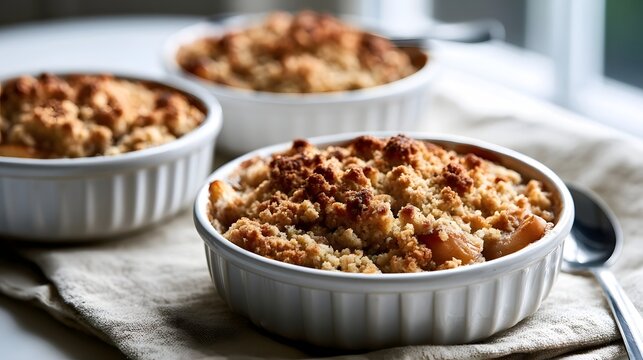 Three individual servings of golden brown baked crumble in white ramekins on a linen cloth