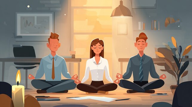Students and business people meditating with candles in a room to improve focus, productivity and work performance
