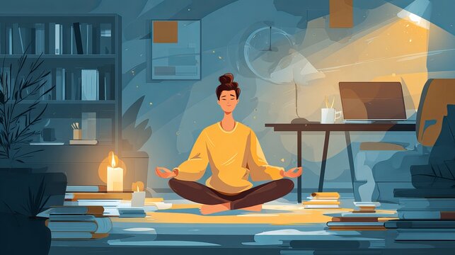 Students and business people meditating with candles in a room to improve focus, productivity and work performance

