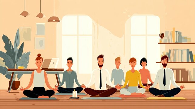 Students and business people meditating with candles in a room to improve focus, productivity and work performance
