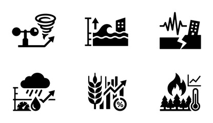 Fototapeta premium Disaster Icons: Weather, Flood, Earthquake, Drought, Agriculture, Fire, Climate Change