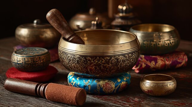 Tibetan singing bowl and spiritual ritual instruments for meditation
