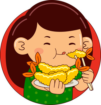 Cartoon Illustration of Child Eating Japan Food