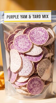 Sliced purple yam and taro mix in a transparent package for sale