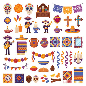Mexican Day of the Dead vector icons set, Dia de los Muertos traditional elements, sugar skulls and mariachi skeletons, festive holiday clip art Editable EPS
