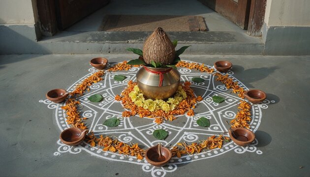 Kalash on rangoli at doorway for Navratri Ghatasthapana