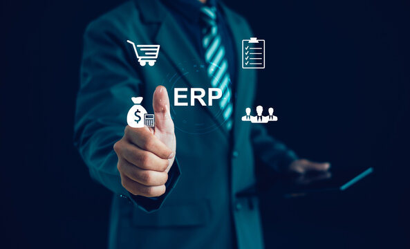 Business professional implementing ERP software for enterprise resource planning, finance management, procurement, customer management, workflow automation, and digital transformation.
