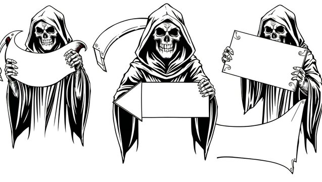 Grim reaper set with blank signs and scythe for halloween designs
