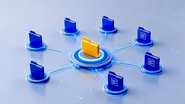 Centralized yellow main folder connecting to multiple blue digital file folders representing cloud storage data network and document management system