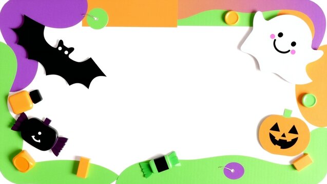 Cute halloween border frame with ghost bat and pumpkin illustration