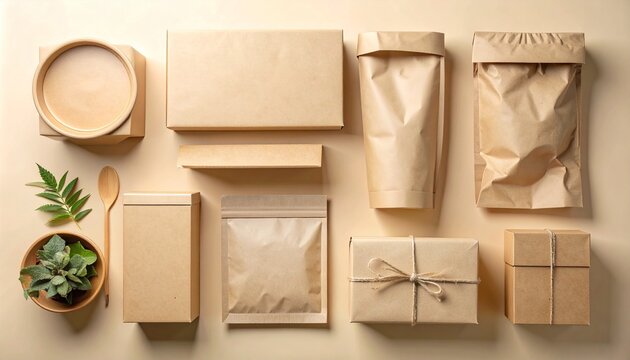 Set of eco friendly brown paper packaging containers and boxes on beige background