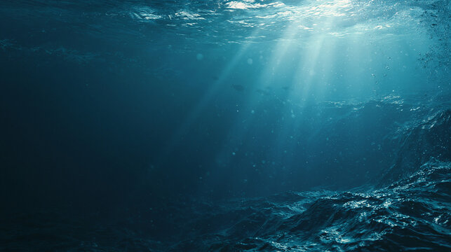 Deep blue underwater sea view with surface waves and light rays penetrating dark ocean water for aquatic environment background.