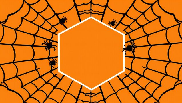 Halloween background with black spider web and crawling spiders on orange backdrop with a central white hexagonal frame for text