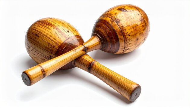 Traditional maracas made of natural light wood rest crossed on a clean white background.