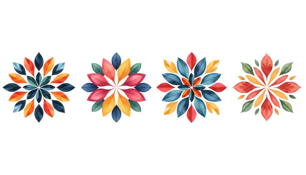 Four circular floral patterns made of colorful leaves isolated on transparent background
