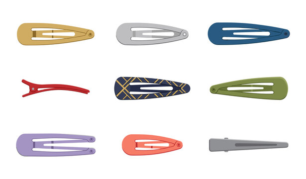  Colorful hair clips and snap barrettes vector set featuring trendy salon styling accessories and fashion hairpins isolated on white background.