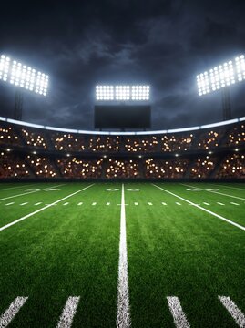 Vibrant American football stadium at night with glowing lights and empty green field