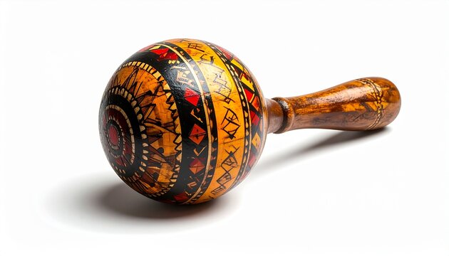 Maraca made of polished wood with intricate etchings lies horizontally on a white background.