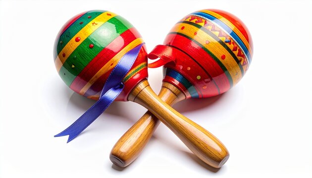 Maracas with colorful stripes and a blue ribbon lie crossed on a plain white background.