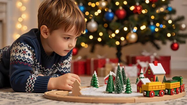 Young Caucasian boy lying beside a miniature railway, guiding a wooden toy locomotive around its circular track beneath festive holiday lights