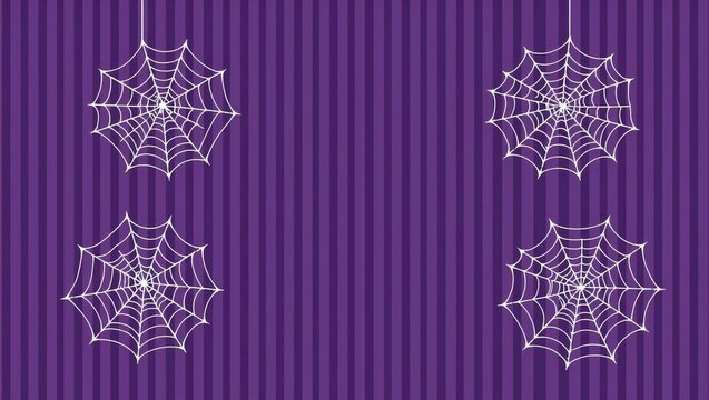 Four white spider webs hanging on a deep purple background for halloween design