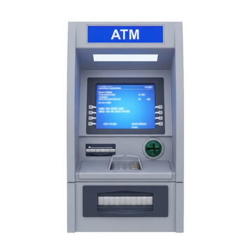 Modern atm machine with blue screen and keypad