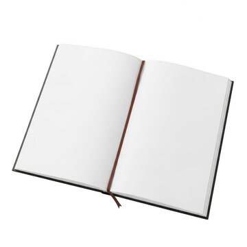 Open blank notebook with brown ribbon bookmark isolated on transparent background