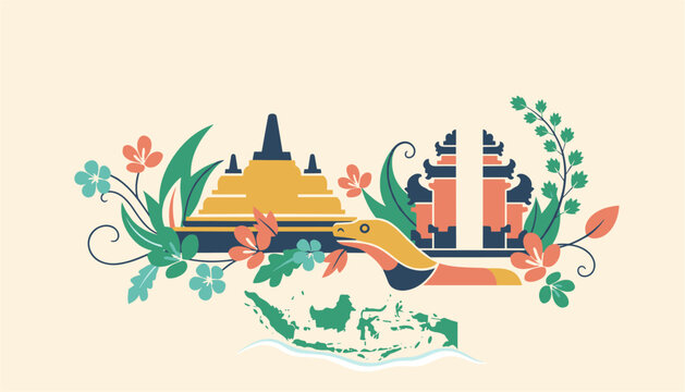 Collection of Indonesian cultural icons includes the Borobudur temple, a Balinese gate, a dragon, and a regional map.