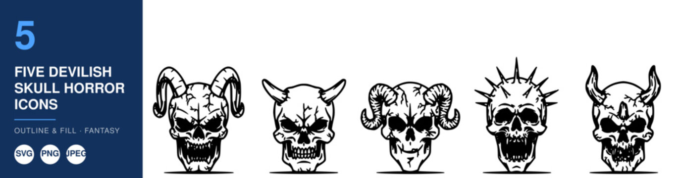 Skulls with Horns and Spikes, a Collection of Five Devilish Horror Icons in Black and White Outline and Fill Style.