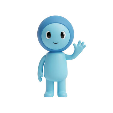 Cute blue 3d character mascot waving hello isolated on transparent background