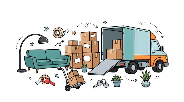 House Moving and Relocation Service Hand Drawn Doodle Illustration with Moving Truck, Cardboard Boxes and Furniture
