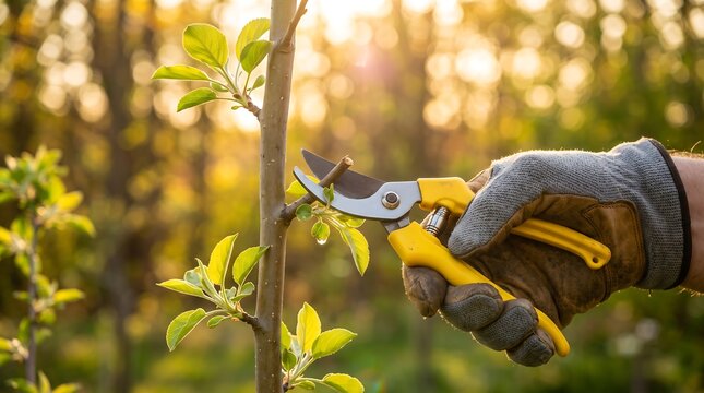 A gloved hand uses yellow secateurs to prune a tree branch in a blooming spring orchard during golden hour.