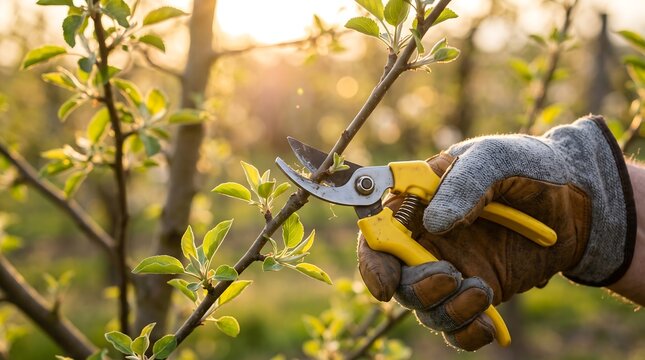A gloved hand uses yellow secateurs to prune a tree branch in a blooming spring orchard during golden hour.