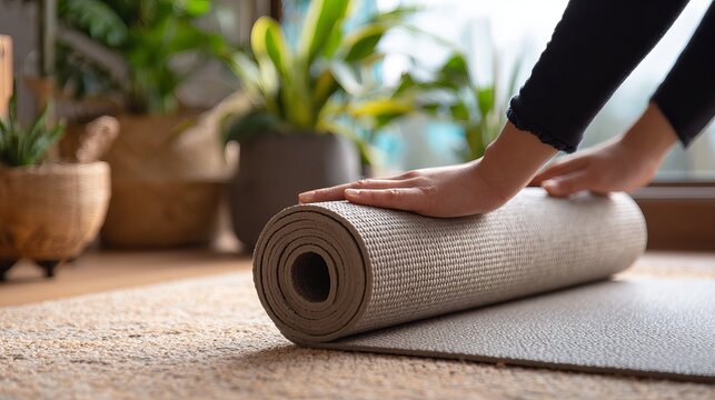 Yoga at home active lifestyle woman rolling exercise mat in living room for morning meditation and wellness
