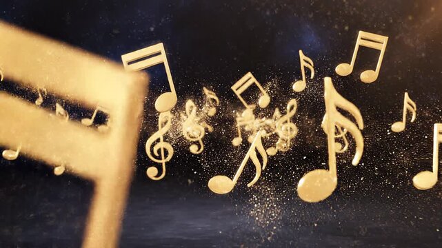 Golden musical notes dancing in ethereal light against a sparkling dark background