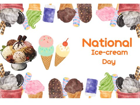 Watercolor vector illustration for National Ice Cream Day featuring an array of ice cream cones, sundaes, popsicles, scoops, oreo desserts, and sweet treats arranged in a decorative frame.