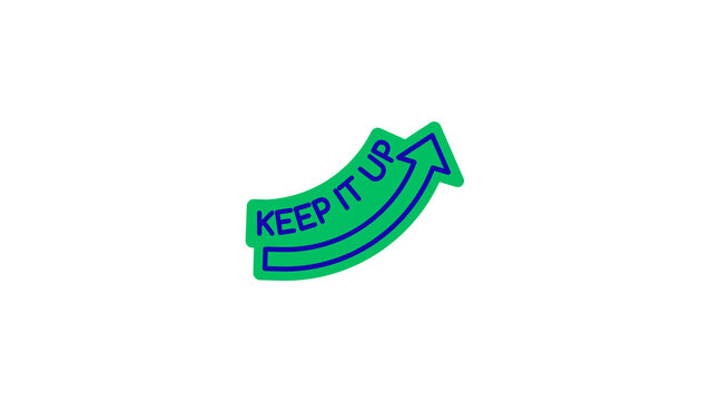 A colorful vector line icon badge featuring an upward-curving arrow alongside the motivational phrase KEEP IT UP,