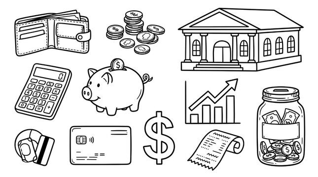 Personal Finance, Banking and Money Management Hand Drawn Doodle Illustration with Savings, Investment and Growth Charts