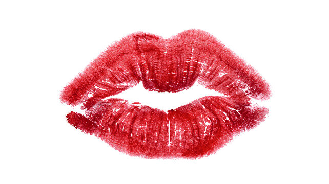 Red lipstick kiss mark imprint isolated on white background, romantic love symbol and graphic design