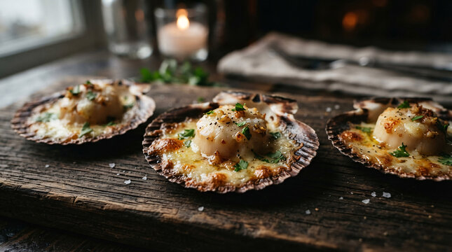 Baked scallops in their shells topped with melted butter, garlic and herbs, arranged on a rustic wooden serving board.