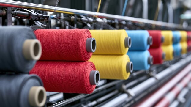 Spools of colorful yarn in a textile factory manufacturing production