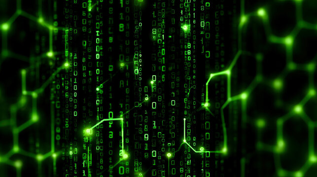 Digital matrix of glowing green binary code streams forms hexagonal honeycomb structure, creating futuristic and immersive visual effect