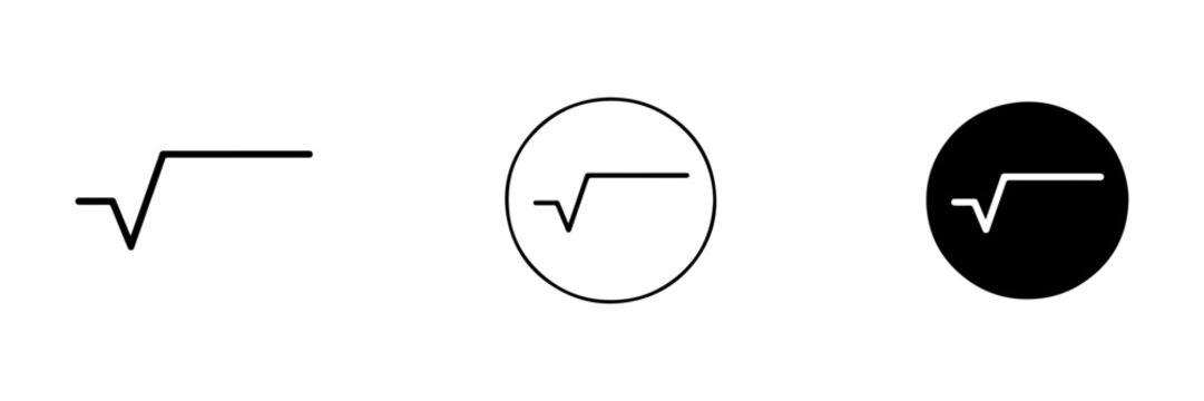 Square root icon set in flat filled and line styles for mathematics, algebra, education, calculation, and UI design.