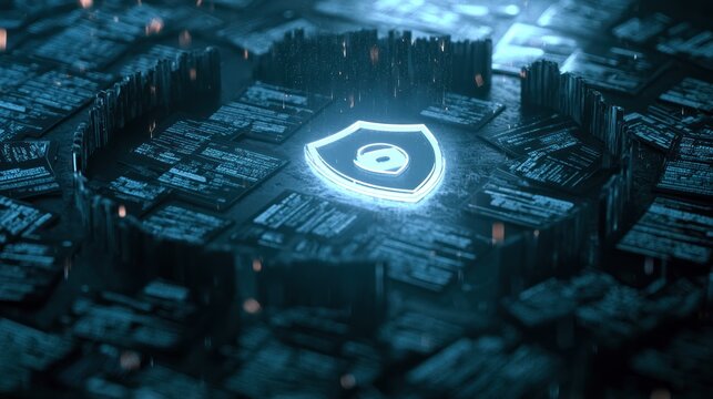 Glowing shield icon on a digital circuit board with glowing data streams