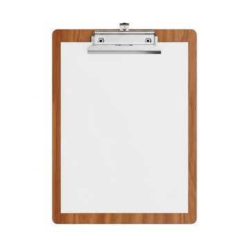 Wooden clipboard with blank white paper sheet isolated on transparent background