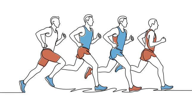 Athletes run in a sequence showing motion in a continuous line art drawing.