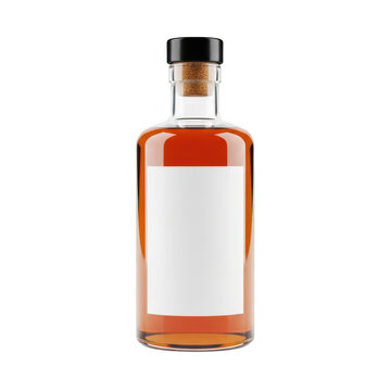 Glass bottle of brown whiskey with a blank label isolated on transparent background