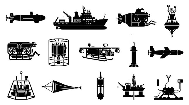 Marine Technology Glyph Icons: Underwater Vehicles, Ocean Research, Exploration, Oil  Gas Equipment